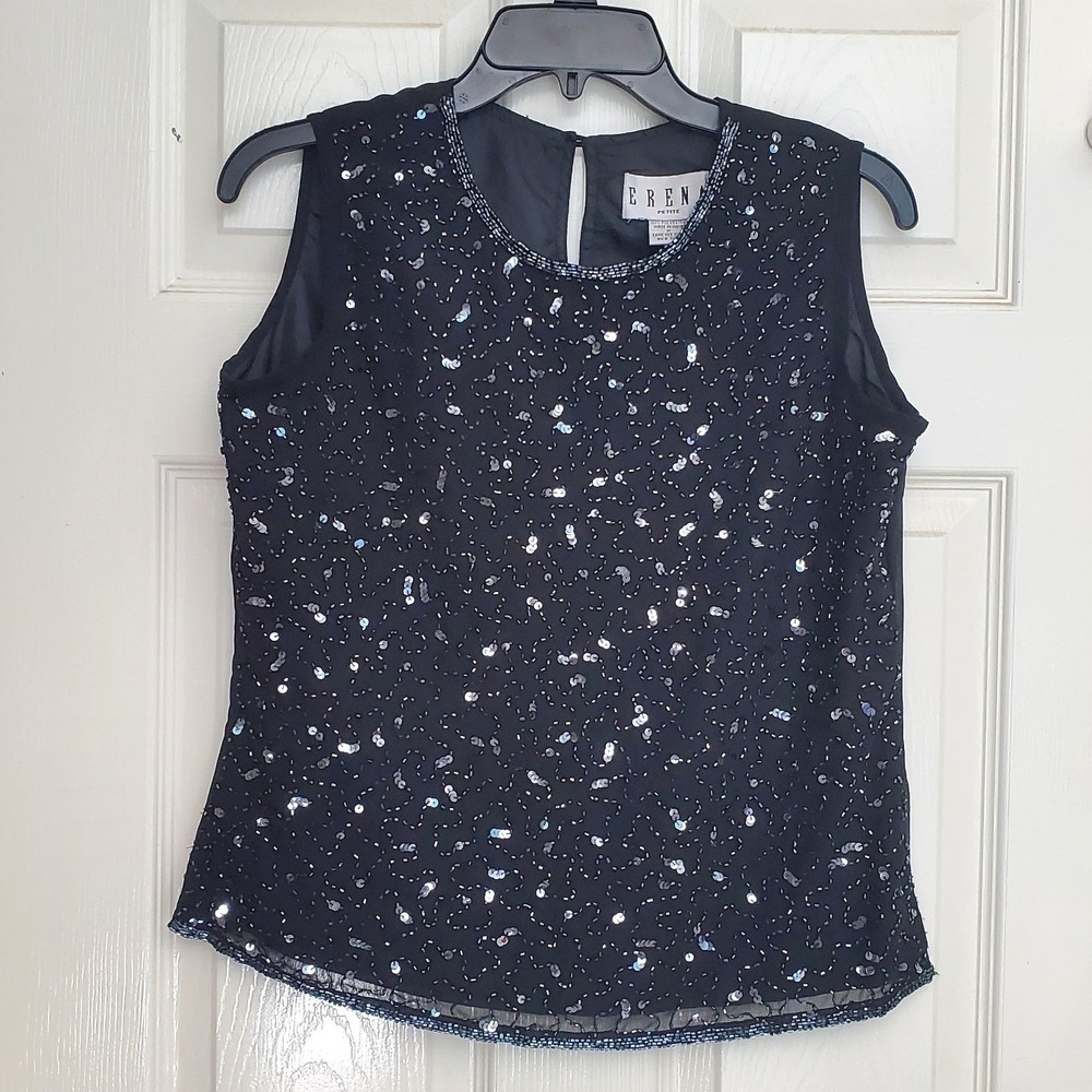 Erena Petite Tank Top Black Beaded Sequin Evening Party Glam Formal M